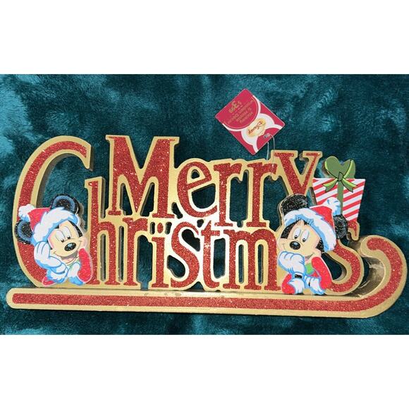 Vintage Disney Mickey And Minnie Mouse Merry Christmas Wooden Tabletop Sign NEW - Picture 1 of 10